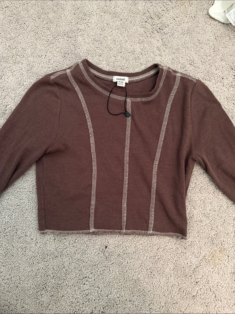 Garage Brown Long-Sleeve Cropped Top with White Contrast Seams